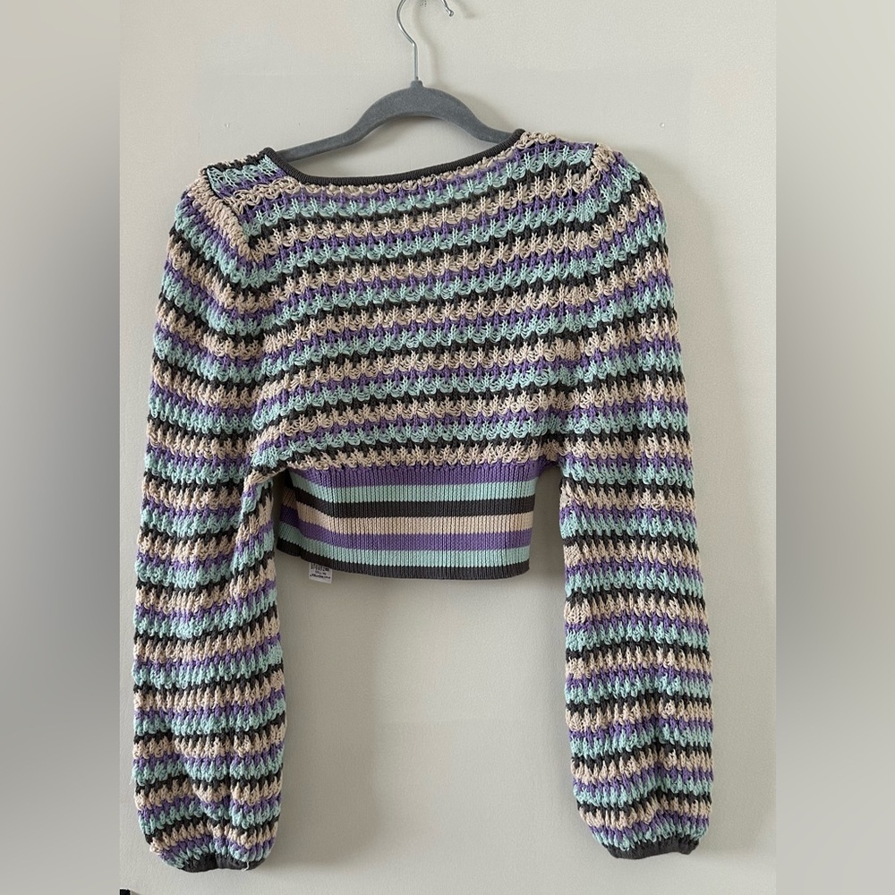 Zara Cropped Knit Crochet Sweater Multicolored - image 3